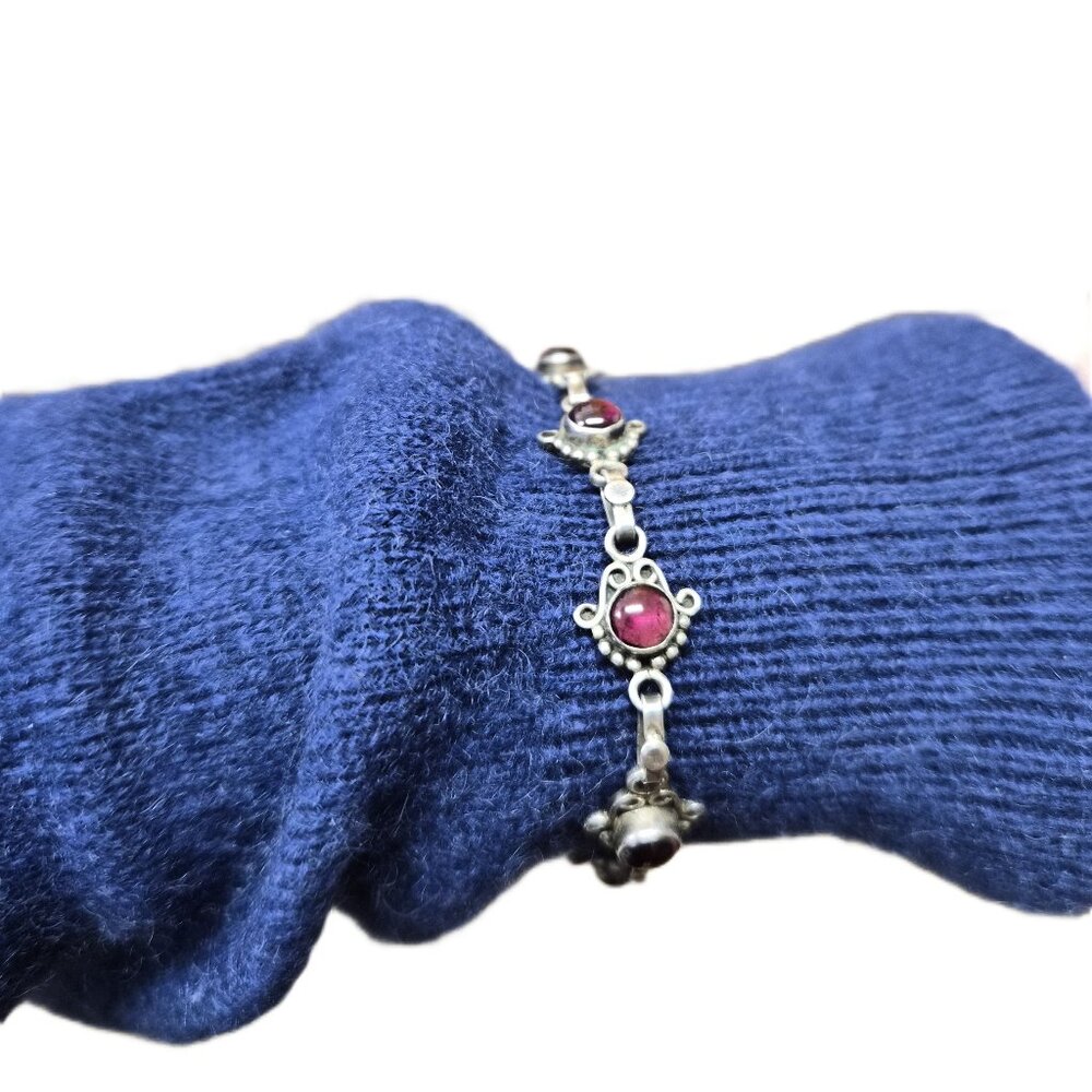 VTG Sterling Silver Rhodolite Garnet Cabochon Link Bracelet Hamsa Boho Spiritual